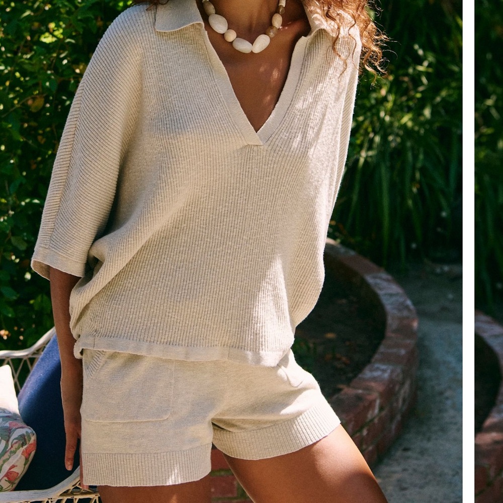 Free People Cream V-Neck Knit Sweater